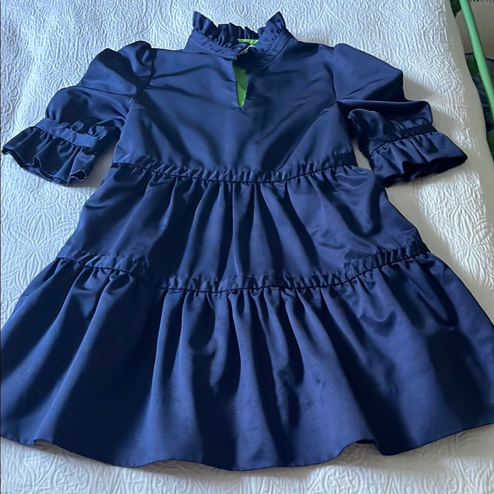 Gretchen Scott Designs Navy dress with Lime Trim Ruffle Collar & Pockets, size M